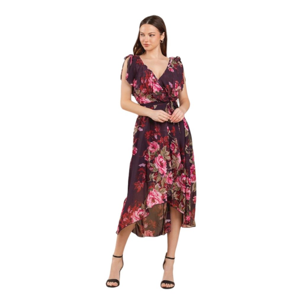 Plum and Red Roses Wrapped Ruffles Hi-Lo Midi Dress - Size 8 - Picture 8 of 8